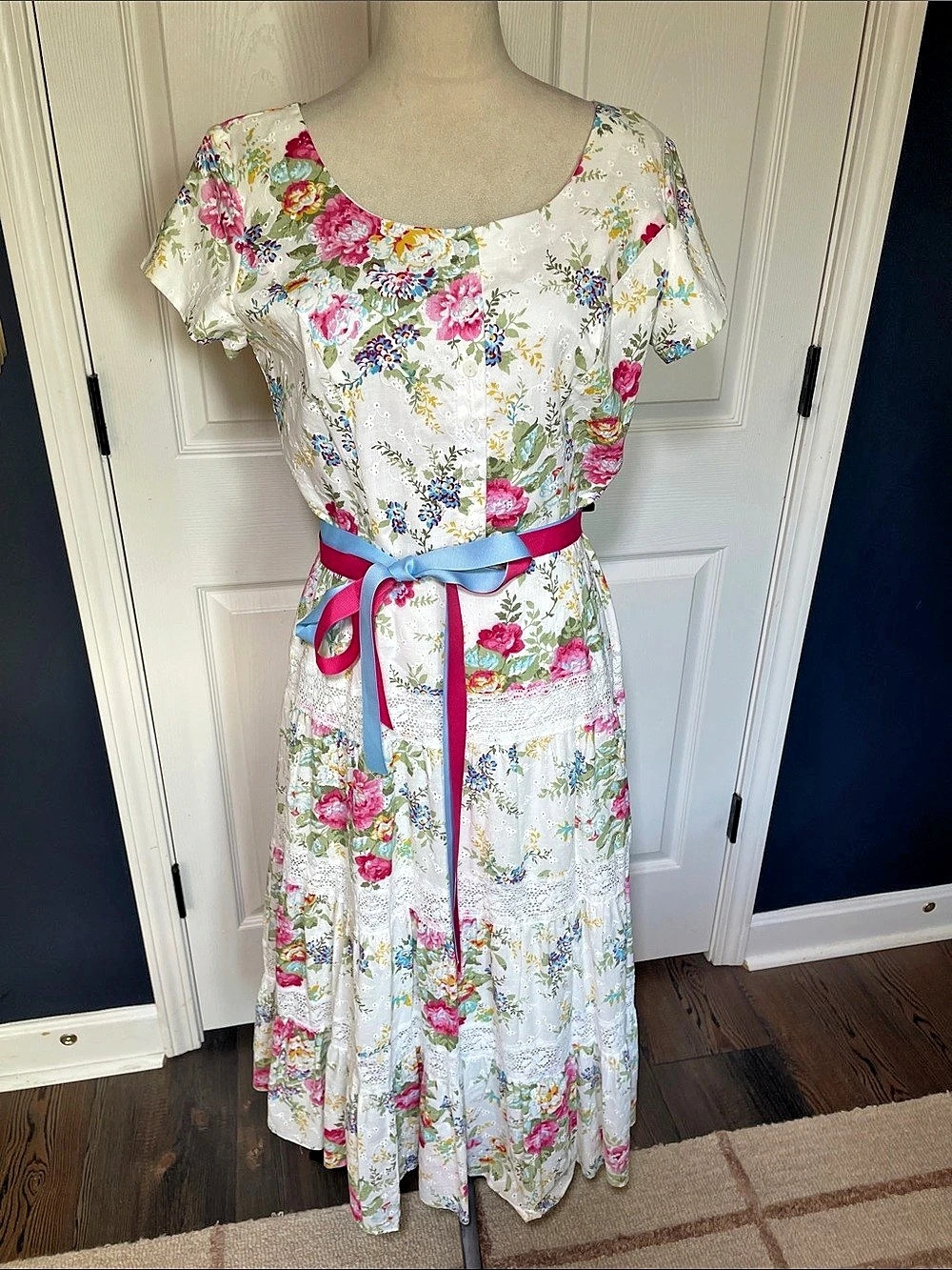 Vintage Coldwater Creek Floral Maxi Dress White Tiered Lace Cottagecore Prairie